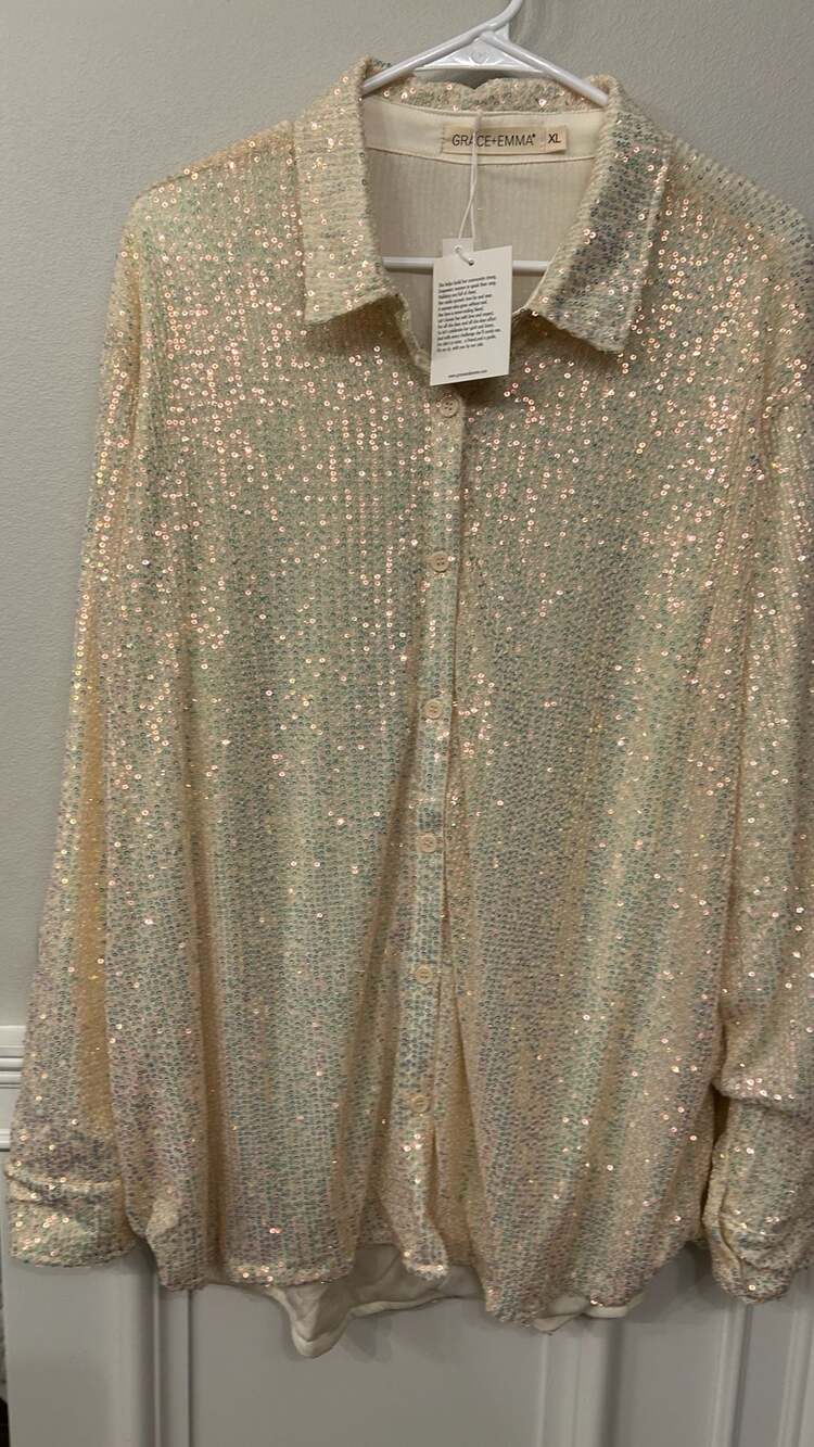 Grace + Emma Sequin Button Down Long Sleeve Shirt, Ivory/Champagne